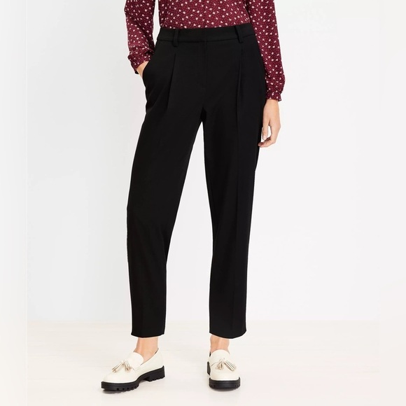 LOFT Black Pleated Pull On Slim Pants in Brushed Flannel Straight Ankle Medium - Picture 1 of 7
